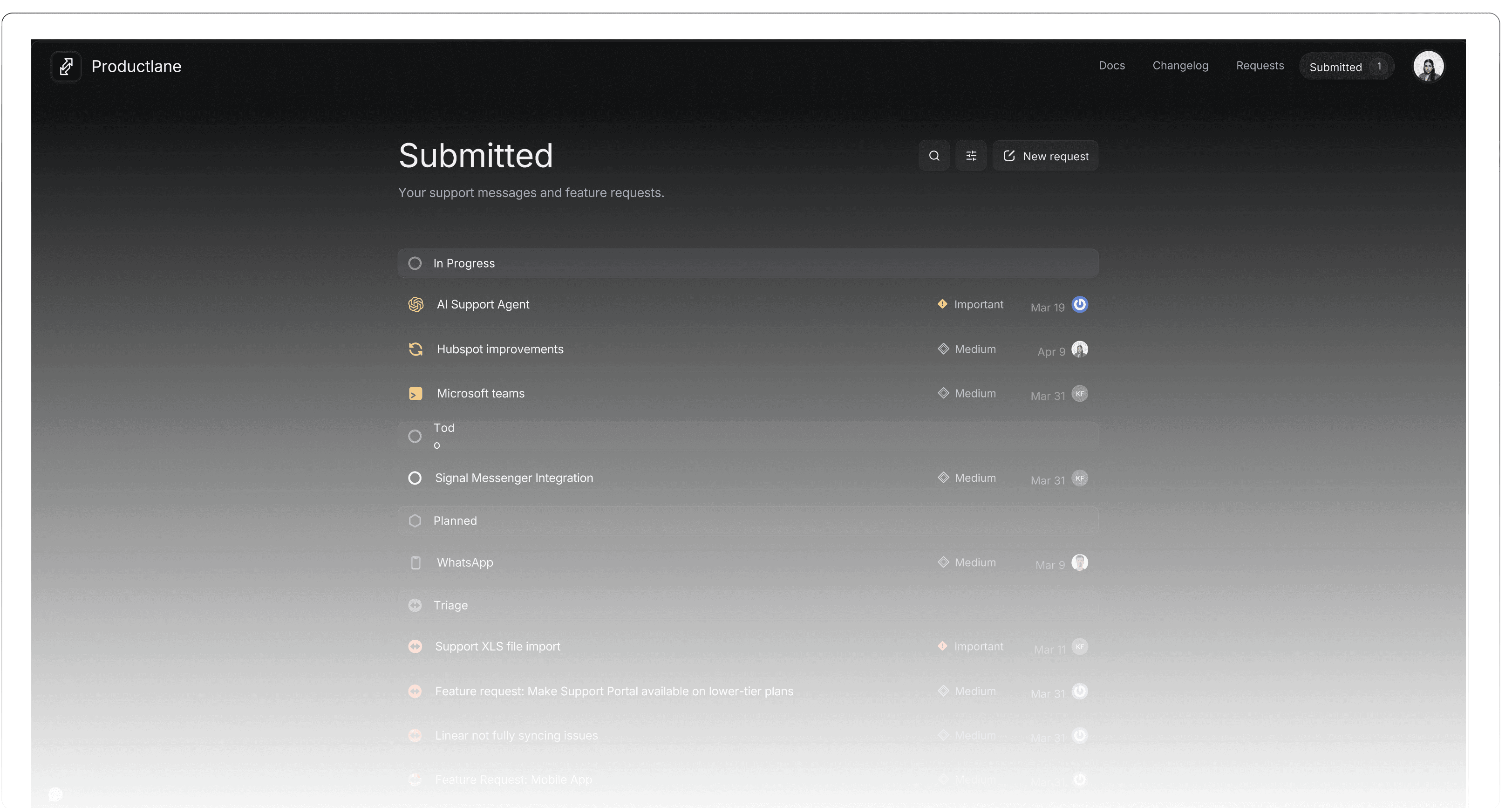 Support portal showing request tracking and embedded widget