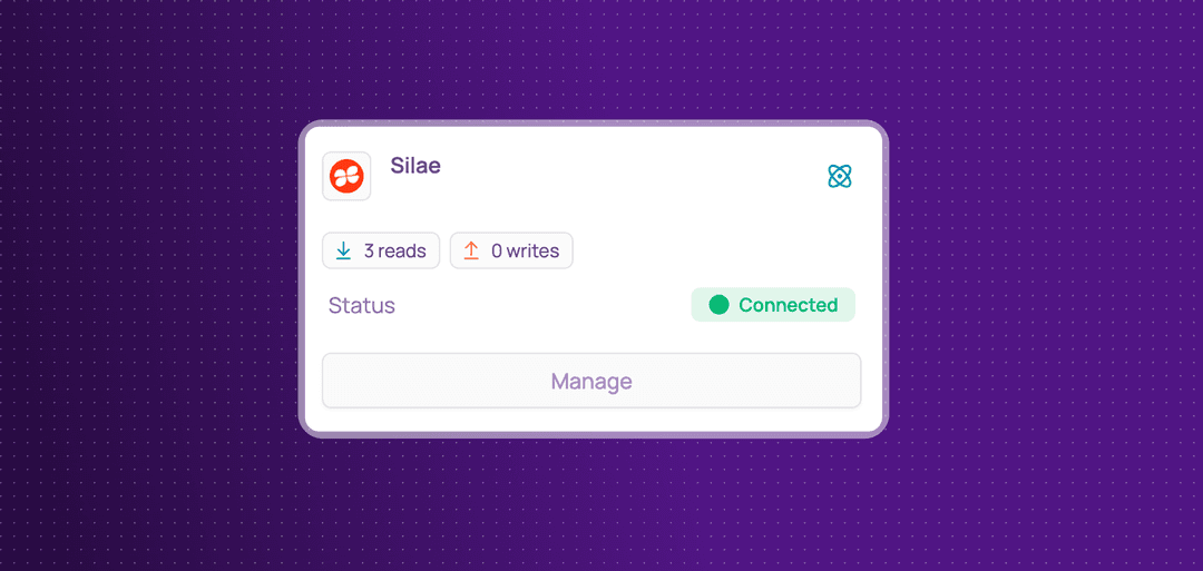 Silae integration card showing 3 reads, 0 writes, status Connected and a Manage button